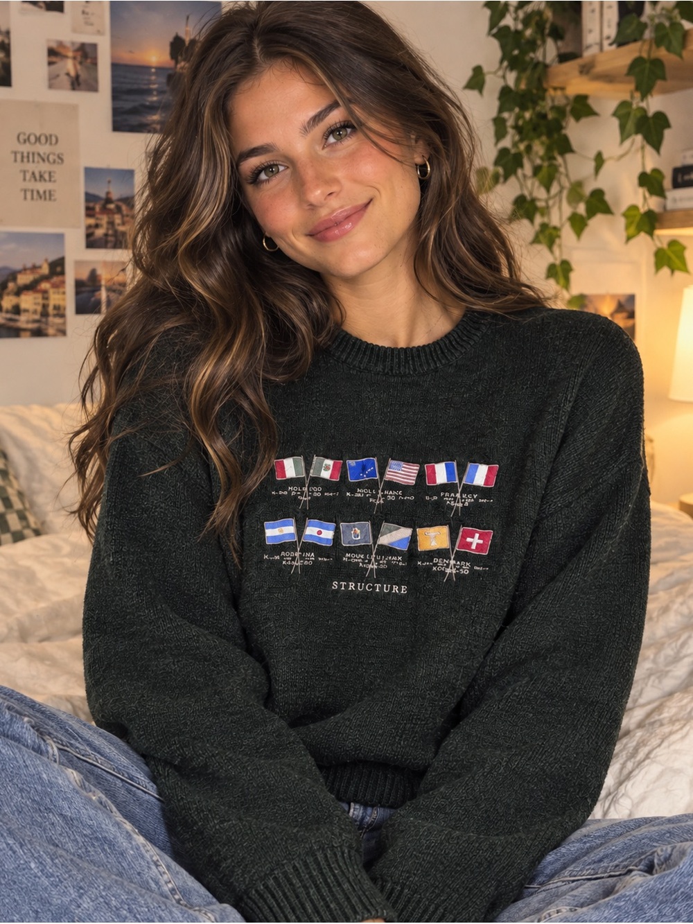 Structure Dark Green Crewneck Sweater with Flag Embroidery